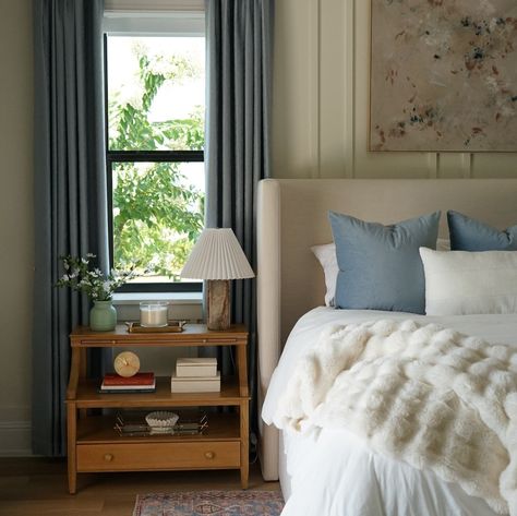 Dreamy style 😴 💭 📷: @lifeoncaselane featuring the Sidney Nightstand Curtains Behind Bed, Blue Header, Pull Out Shelf, Curtains Style, Dreamy Style, Blue Bedroom Decor, Gold Knobs, Cool Curtains, Blue Curtains