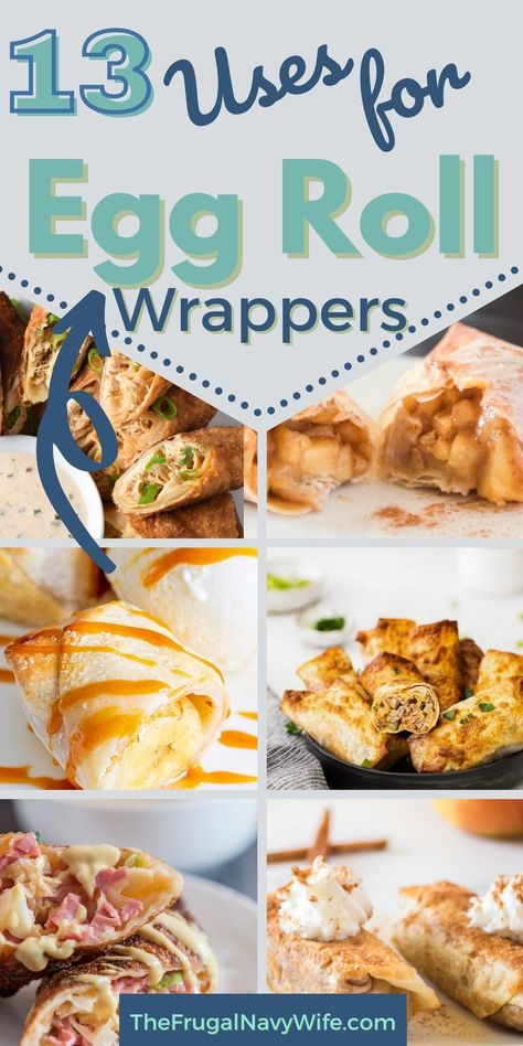 Looking for extra uses for egg roll wrappers? Here are some great ways to use your egg roll wrappers so they don't go to waste. #eggrollwrappers #usesfor #frugalliving #roundup #frugalnavywife | Uses for Egg Roll Wrappers | Frugal Living | Roundup | Uses For | Recipes Using Egg Roll Wrappers, Egg Roll Wrapper, Egg Roll Wraps, Egg Roll Filling, Homemade Egg Rolls, I Lost 100 Pounds, Chicken Egg Rolls, Spring Roll Wrappers, Egg Wrap