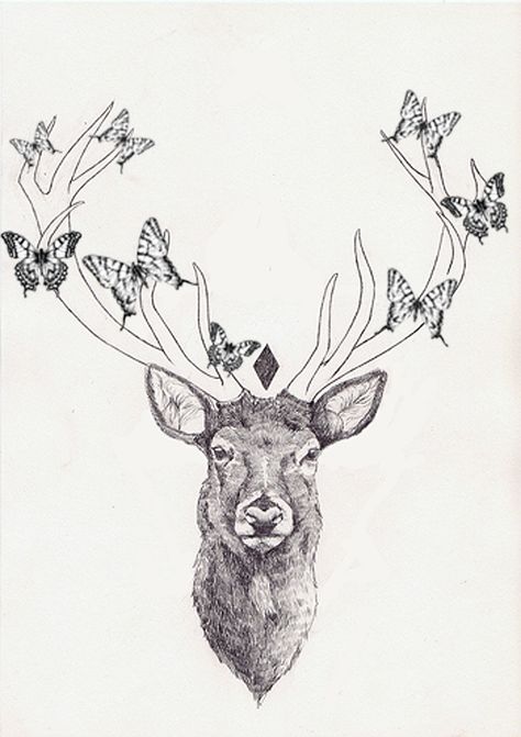 birds instead of butterflies + some flowers Deer Butterfly Tattoo, Deer And Sunflower Tattoo, Deer And Butterfly Tattoo, Stag Tattoo Design, Reindeer Tattoo, Deer Head Tattoo, Elk Tattoo, Antler Tattoo, Stag Tattoo