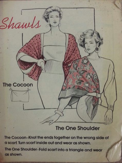 Shawls (Scarf tying - pg 3) Silk Scarf Over Shoulder, Shawl Ties Ideas, Scarf On Shoulder Outfit, How To Make A Shawl Out Of Fabric, Scarf Shawl Tying, Silk Shawl Outfit, Scarf On Shoulder, Scarf Over Shoulders, Scarf Around Shoulders