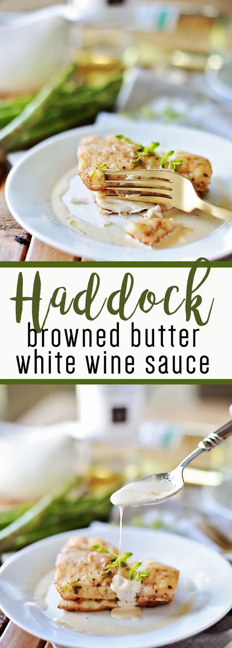 Flaky haddock pan fried, and served with a browned butter white wine sauce #ad #zzyshme #haddock #recipe Seafood Dishes Shrimp, Butter White Wine Sauce, Baked Haddock Recipes, Seafood Ideas, Seafood Casserole Recipes, Baked Haddock, Haddock Recipes, Fish Entrees, Seafood Meals