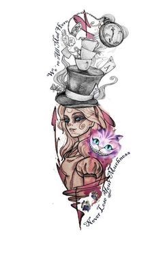 Alice In Wonderland Tattoo Sleeve, Cheshire Cat Tattoo, Alice And Wonderland Tattoos, Arm Sleeve Tattoos For Women, Alice In Wonderland Artwork, Dark Alice In Wonderland, Alice In Wonderland Drawings, Wonderland Artwork, Wonderland Tattoo