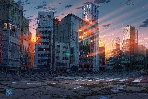 Aesthetic Anime Places, Destroyed City, Top Notch Wallpaper, Post Apocalyptic City, Notch Wallpaper, Abandoned City, Ruined City, Post Apo, Gacha Backgrounds