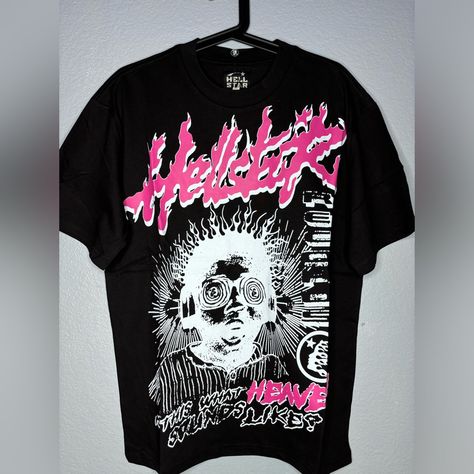 Hellstar Records Shirt “This What Heaven Sounds Like” Black And Pink Tee Shirt Brand New With Tags Size: Small Black Nike Sweatpants, Black Crop Tee, Pink Tee Shirt, Superhero Shirt, Graphic Tee Outfits, Resort Shirt, Army Shirts, Dinosaur Shirt, Justice Shirts