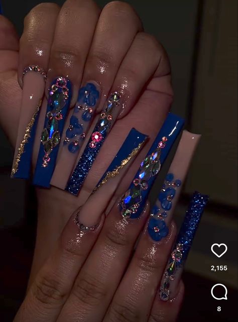 Pink And Blue Nails Acrylic Long, Royal Blue Press On Nails, Xl Blue Acrylic Nails, Royal Blue Bling Acrylic Nails, Long Blue Acrylic Nails With Rhinestones, Royal Blue New Years Nails, Blue Money Nails, Royal Blue Sweet 16 Nails, Blue Nails Extra