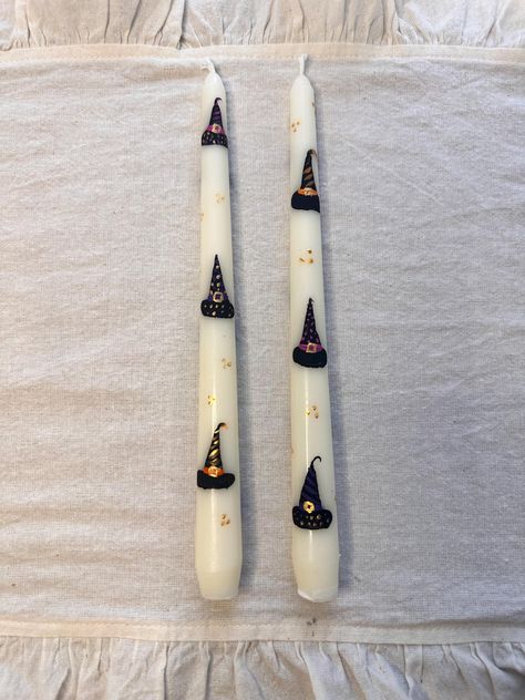 Set of 2 Hand Painted Halloween Candle Taper Candles Witches Hats Halloween Halloween Decor, Halloween gifts uniqle, table decor, fall taper Hand Painted Halloween Candles, Halloween Candle Painting, Candles Witches, Witch Aesthetics, Halloween Candlesticks, Candle Painting, Hand Painted Halloween, Witches Hats, Witch Candles