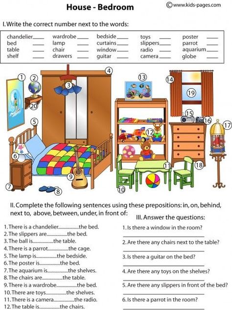 Kids Pages - Bedroom And Prepositions Bedroom Vocabulary, Class Bedroom, Prepositions Worksheets, Preposition Worksheets, English Prepositions, Spatial Concepts, English Exercises, Kids Pages, English Activities