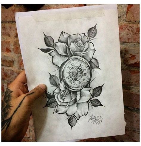 Roses Pocket Watch Tattoo Design, Pocket Watch With Roses Tattoo Design, Rose And Watch Tattoo, Pocket Watch Tattoos For Women, Rose Clock Tattoo, Tattoo Pocket Watch, Clock Tattoo Stencil, Pocket Watch Tattoo Design, Clock And Rose Tattoo