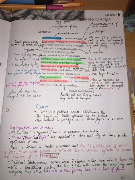 Annotation of the poem "Sonnet 43" for the English literature GCSE  exam for 2017. #UnseenPoems #RelationshipPoems #EnglishLiterature #GCSE Annotating Shakespeare, Shakespeare Annotations, London Poem Annotations, Poetry Anthology Gcse Annotations, Sonnet 43 Annotations, Extract From The Prelude Annotations, Sonnet 43, Gcse English Literature Revision, English Literature Poems