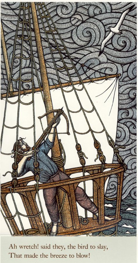 The Rime of the Ancient Mariner, illustration from the Folio Society's deluxe edtion The Rime Of Ancient Mariner, Rime Of The Ancient Mariner Art, Rhyme Of The Ancient Mariner, Sailor Illustration, Rime Of The Ancient Mariner, The Ancient Mariner, Medieval Drawings, Sea Drawing, Travel English