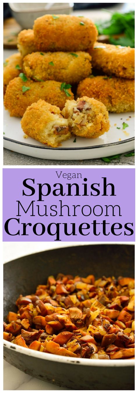 These vegan mushroom croquettes, or croquetas de setas, are the typical Spanish tapa. The outside is golden brown and crispy while the inside is smooth and creamy with bits of meaty mushrooms. Eat them alone or with your favorite dipping sauce! Vegan Spanish Appetizers, Mushroom Croquettes Recipe, Vegan Croquettes Recipe, Vegan Spanish Food, Croquette Party, Mushroom Croquettes, Vegan Spanish Recipes, Vegan Croquettes, Meaty Mushrooms