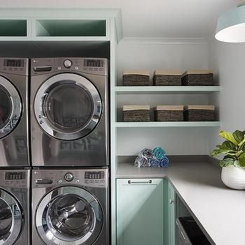 Blue Green Laundry Cabinets with Beige Stripe Rug - Transitional - Laundry Room Cottage Entrance, Washer And Dryer Pedestal, Compact Washer And Dryer, Contemporary Laundry Room, White Stove, Transitional Laundry Room, Gray Shaker Cabinets, Grey Laundry Rooms, Blue Laundry Rooms