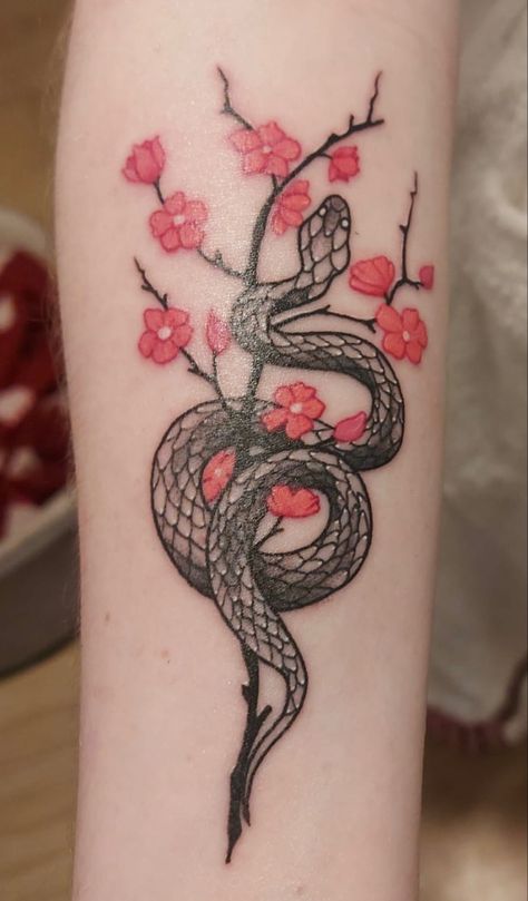 Forearm Snake Tattoo Women, Snake Sakura Tattoo, Snake Tattoo With Flowers, Feminine Snake Tattoo Beautiful, Snake Flower Tattoos For Women, Snake Tattoos With Cherry Blossom, Snake And Cherry Blossom Tattoo, Cherry Blossom With Snake Tattoo, Snake Cherry Blossom Tattoo