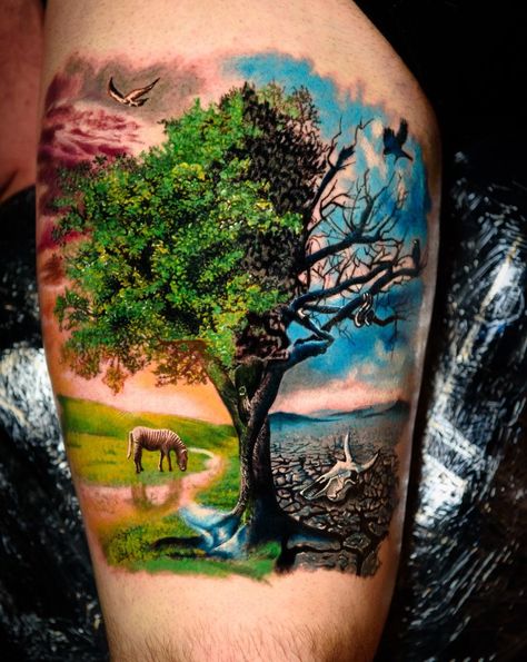 Realism Tattoo Ideas, Color Realism Tattoo, Arm Tattoos Color, Tree Tattoo Color, Camping Tattoo, Colour Tattoo For Women, Tattoo Realism, Colored Tattoo Design, Backpiece Tattoo