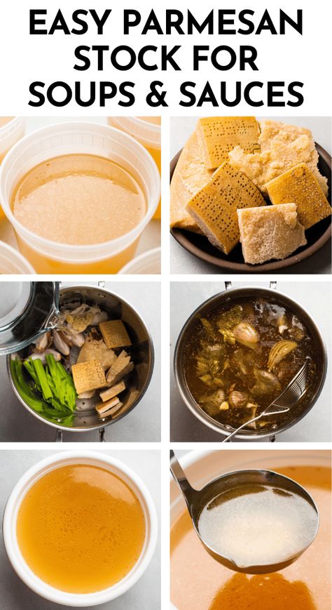 This easy homemade parmesan broth is the perfect way to use leftover parmesan rinds! Start by sautéeing some shallots and celery with a bit of garlic, then stir in some rinds, a few spices, and plenty of water. Let it simmer on the stove for a few hours until you have a rich, delicious parmesan stock that's perfect for pasta, risotto, soup, white beans, and more. Includes step by step photos, plenty of tips (plus notes on storing and freezing broth), and ideas for how to use parmesan broth. Freezing Broth, Parmesan Stock, Parmesan Broth, Risotto Soup, Light Pasta, Parmesan Rind, Homemade Sauce Recipes, Homemade Spice Blends, Num Num