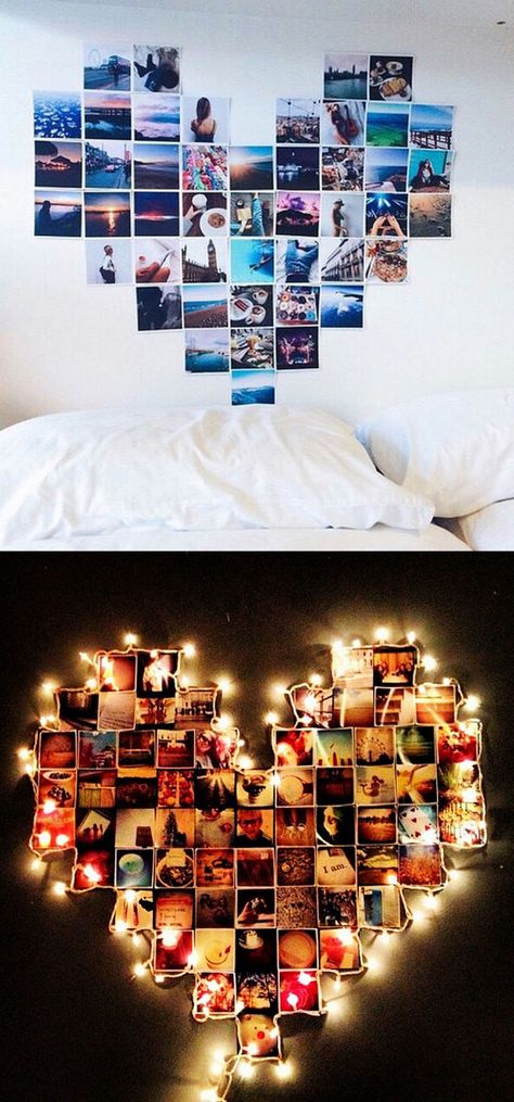 18 Ways To Transform Family Photos Into Stylish Gifts and Decor - A Piece Of Rainbow Birthday Bedroom Decorations, Decoration With Photos, Photo Walls Bedroom, Heart Shaped Photo Collage, Diy Canvas Photo, Family Photo Gifts, Diy Room Decor For Teens, Easy Diy Room Decor, Dekorasi Kamar Tidur