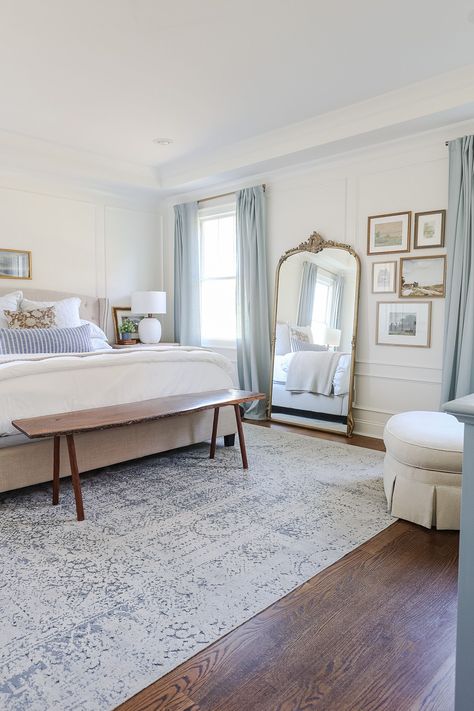 Master Bedrooms Timeless, All White Bedroom With Blue Accents, French Inspired Master Suite, Picture Molding In Bedroom, Master Bedrooms Decor Costal, Bedroom Ideas Southern, French Costal Bedroom, Ivory And Blue Bedroom, Blue Rug In Bedroom