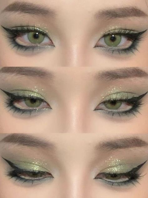 Euphoric Eye Makeup, Hooded Eye Prom Makeup, Blue Eyeshowdow Looks, Green Eyeshadow Douyin, Green Douyin Makeup, Dark Green Makeup Looks, Sage Green Makeup Look, Y2k Makeup Aesthetic, Enchanted Forest Makeup