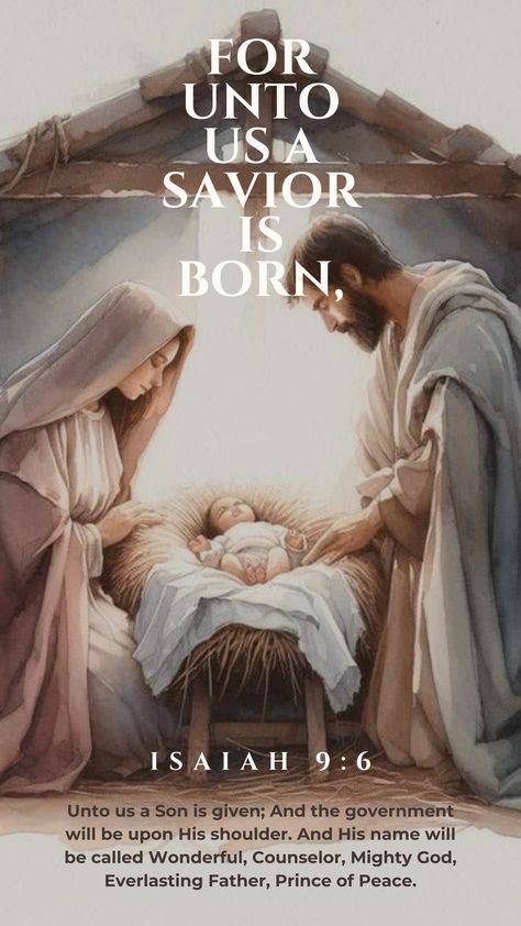 A Child is born Christmas Wallpaper, Isaiah 9:6 Bible verse Wallpaper with baby Jesus, Joseph and Mother Mary