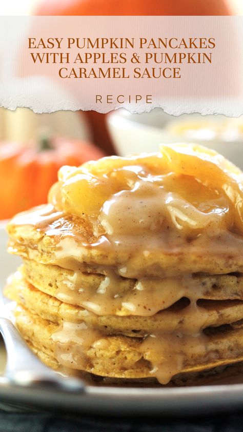 Amazingly simple and easy pumpkin pancakes served with sliced apples in a pumpkin cream sauce. Perfect for serving on a lazy fall morning or for Thanksgiving Day breakfast. Best Cooking Apples, Pumpkin Cream Sauce, Easy Pumpkin Pancakes, Pumpkin Pie Pancakes, Pumpkin Pancakes Easy, Freeze Pancakes, Cinnamon Granola, Pumpkin Breakfast, Sliced Apples