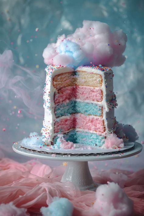 Pastel Cotton Candy Themed Gender Reveal Cake with Pink and Blue Layers royalty free stock photo Cotton Candy For Gender Reveal, Cotton Candy Cake, Cotton Candy Gender Reveal Photo, Cotton Candy On Cake, Pastel Pink And Blue Gender Reveal, Pastel Pink And Blue Gender Reveal Decorations, Cotton Candy Cakes, Pregnancy Announcement Photos, Cotton Candy Sky