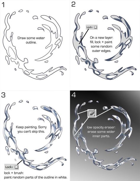 How To Render Water, Firealpaca Tips, Pouring Water Drawing, Water Drawing Tutorial, Water Tutorial, Photoshop Painting Tutorial, How To Draw Water, Underwater Drawing, Draw Water