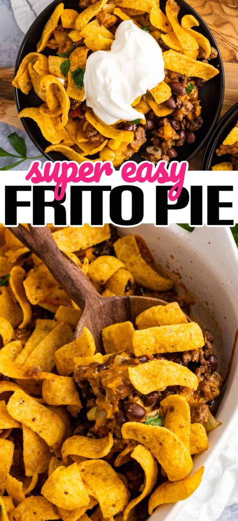 Simple and delicious Frito Pie is the best comfort dish for snacking on with friends or serving to your family for a fun dinner! #RealHousemoms #fritopie #frito #easydinner #casserole #groundbeef Frito Bowl Recipes, Fun Supper Ideas Families, Recipes Using Fritos, Frito Recipes Easy Dinners, Frito Pie Recipe Easy, Fritos Pie, Easy Frito Pie, Frito Casserole, Frito Pie Casserole