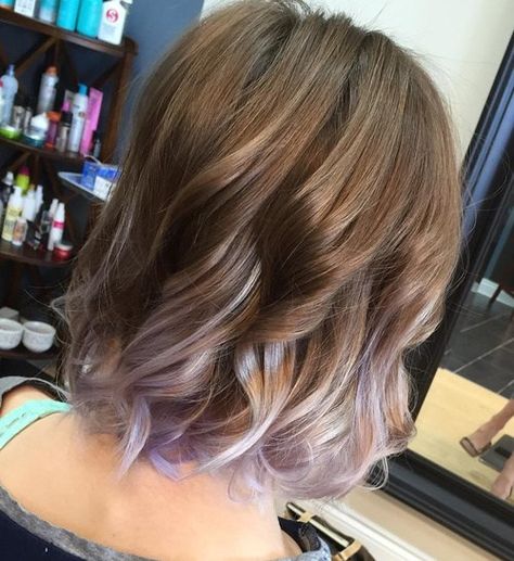 light+brown+hair+with+silver+and+lavender+balayage Lavender Hair Ombre, Brunette Ombre, Purple Ombre Hair, Hair Ombre, Lavender Hair, Short Wavy Hair, Hair Brown, Brown Blonde Hair, Ombre Hair Color