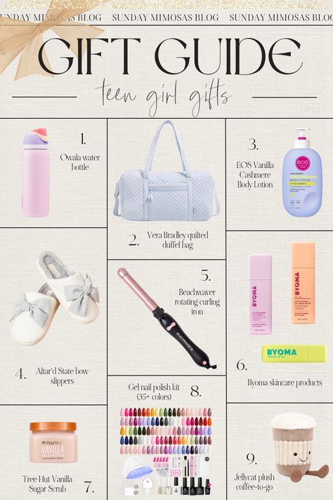 BEST Christmas Gifts for Teenage Girls Ideas (2024)! Finding gifts for teen girls can be tough, but don't worry because we've got you covered! Here are the top trending gift ideas for teenagers this holiday season. From Owala water bottles and jellycat plush toys to Byoma skincare and gel manicure kits, our teen girl gift guide has everything  she's asking for and more. Check out our latest post for more Christmas gift ideas for everyone on your list. Teen Girl Christmas List 2024, Gift Basket Ideas For Teenage Girl, Teen Girl Christmas Gift Ideas, Christmas List Ideas Teenage Girl, Christmas Ideas For Teenage Girl, Byoma Skincare, Jellycat Plush, Capri Blue Candle, Lululemon Gifts