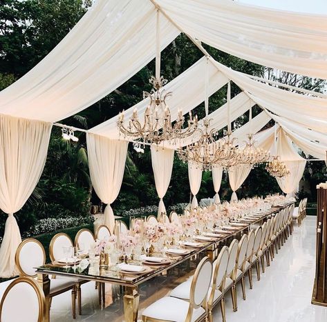 WeddAway on Instagram: “We are in love of this outdoor tent drapery. The chandeliers make it perfect for a romantic setting. ✨⁣ ⁣ ⁣ #Regram⁣ Draping, Lightning &…” Draped Arch, Wedding Tent Draping, Gold Colour Scheme, Everything Wedding, Southern Charm Wedding, Outdoor Tent Wedding, Wedding Draping, Long Table Wedding, Outdoor Drapes