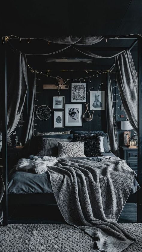 A cozy and stylish black boho-themed bedroom, captured perfectly in a high-quality photo. The room is adorned with dark wooden furniture, texture-rich tapestries, and a mix of plush pillows and blankets. A canopy bed, draped with flowing fabric, takes center stage. The walls are lined with an eclectic mix of framed artwork and fairy lights. The overall atmosphere of the room is warm, cozy, and inviting, evoking a sense of comfort and relaxation., photo Dark Canopy Bedroom Ideas, Wiccan Outfits, Luxury Boho Bedroom, Furniture Texture, Black Boho Style, Dark Wooden Furniture, Black Canopy Bed, Luxury Boho, Whimsical Bedroom