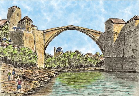 13/06/20 Mostar Bridge, Bridge Illustration, Old Bridge, Tower Bridge, Cool Art, Bridge, Tower, Drawings, Travel