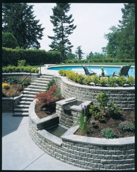 Pool Retaining Wall Ideas Sloped Yard, Inground Pool Built Into Hill, Pool On Sloping Block, Pool Downhill From House, Pools With Retaining Walls Sloped Backyard, Hilly Backyard With Pool, Tiered Landscape, Sloped Backyard Landscaping, Inground Pool Landscaping