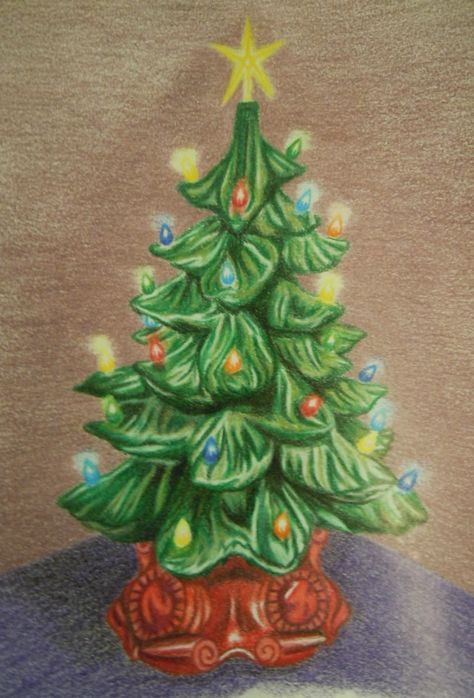 Merry Christmas!  This is a ceramic tree drawing in colored pencil that I made for my mom for Christmas. Freehand, based on a photograph. Realistic Christmas Trees, Christmas Tree Drawing, Tree Drawings Pencil, Drawing Arts, Pencil Trees, Ceramic Tree, Pencil Christmas Tree, Christmas Tree Art, Pencil Drawings Easy