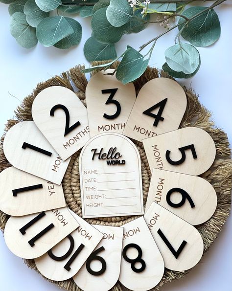 Engraver Ideas, Welcome Baby Signs, Boozy Cupcakes, Milestone Pictures, Laser Cut Wood Crafts, Baby Monthly Milestones, Stationary Gifts, Baby Milestone Cards, Monthly Milestone