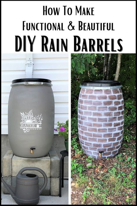 Turn an old plastic barrel into a functional and beautiful rain barrel. Garden Rain Barrel, Trash Can Rain Barrel, Cinder Block Rain Barrel Stand, Painting Rain Barrels, Painting A Rain Barrel, Diy Rain Barrel Chicken Waterer, Blue Barrel Ideas, Paint Rain Barrel, How To Paint A Plastic Rain Barrel