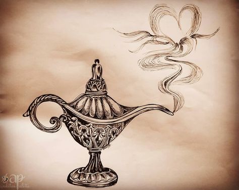 Genie Lamp Tattoo Design, Genie Bottle Drawing, Genie Bottle Tattoo, Magic Lamp Tattoo, Genie Lamp Tattoo, Fridge Ideas, Boys Tattoo, Lamp Tattoo, Night Tattoo