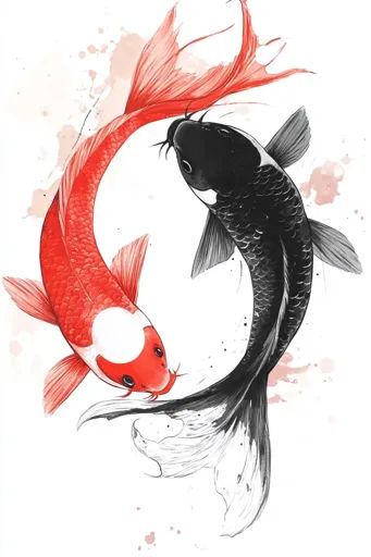 ↑↑↑ Larger size on website 🔸 The image depicts two koi fish, one red and one black, swimming in a circular pattern. The red fish  🔸 From Midjourney AI Image Two Koi Fish, Yin And Yang Symbol, Yin Yang Koi, Orange Koi, Black Fish, Ikan Koi, Japanese Drawings, Japanese Koi, Symbolic Representation