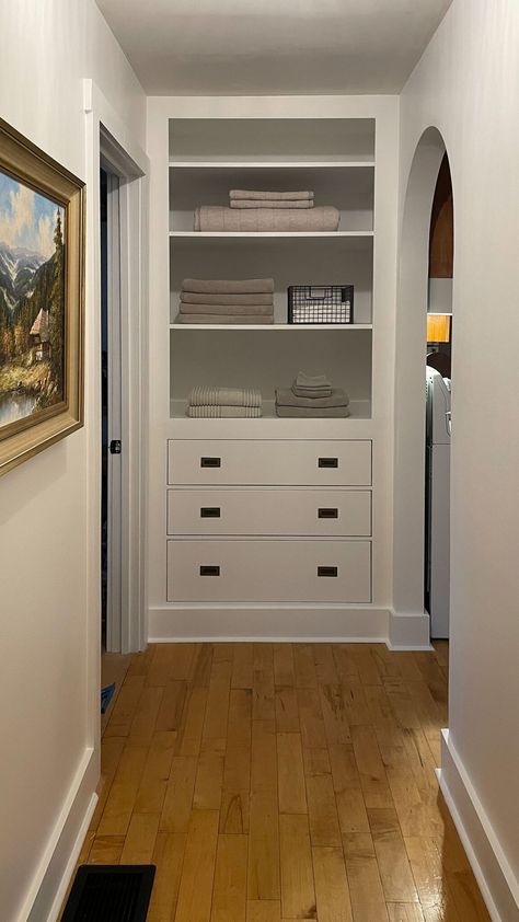 THE LINEN CUPBOARD: ALL THE DETAILS - Willow Root Collective Built In Linen Closet Hallway Storage Cabinets, Diy Tall Storage Cabinets With Doors, End Of Hall Linen Closet, Doorless Linen Closet, Hallway Closet Renovation, End Of Hallway Closet Ideas, Linen Closet Without Door, Shallow Linen Closet, Built In Linen Closet Hallway