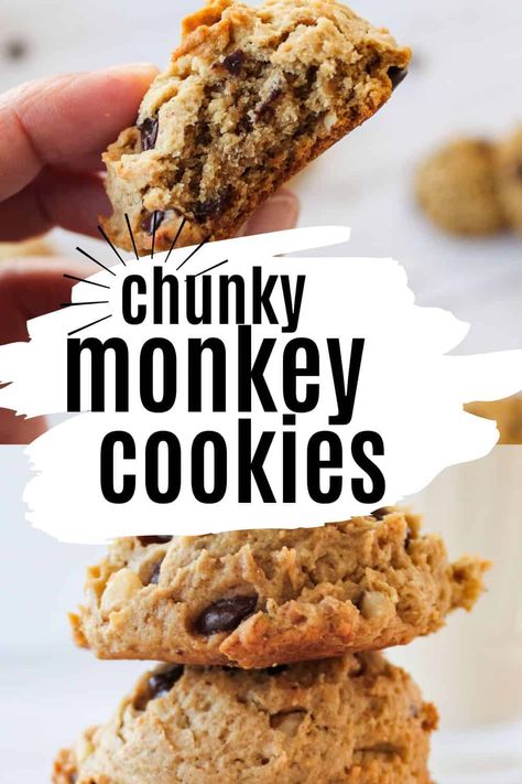 These Chunky Monkey Cookies are packed with peanut butter, chocolate chips, banana, and nuts goodness. #chunkymonkey #cookies #shakentogetherlife Chunky Monkey Cookies, Cookie Snack, Banana Nut, Banana Flavored, Cookie Scoop, Baking Flour, Chewy Cookie, Dark Chocolate Chips, Decadent Desserts