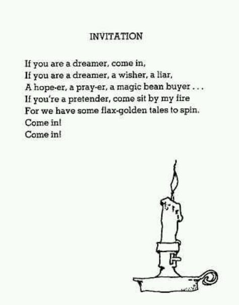 ((shel silverstein)) Come as you are... for there are stories to share and adventures to be had...   "I came so you can have real and eternal life, more and better life than you ever dreamed of." - Jesus, John 10:10  "Come to me, all you who are weary and burdened, and I will give you rest. Take my yoke upon you and learn from me, for I am gentle and humble in heart, and you will find rest for your souls. For my yoke is easy and my burden is light.” - Jesus, Matthew 11:28-30 Silverstein Poems, Shel Silverstein Poems, Where The Sidewalk Ends, National Poetry Month, Poetry Month, Shel Silverstein, Never Stop Dreaming, The Poem, Ex Libris