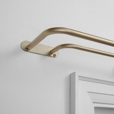 66"x120" Fetter Adjustable Window Curtain Rod Gold - Exclusive Home Double Curtain Rod Ideas Bedroom, Brushed Brass Curtain Rods, Chunky Curtain Rods, Art Deco Curtain Rod, Double French Return Curtain Rod, Curved Curtain Rods Window, Long Curtain Rod Over Multiple Windows, Double Curtain Rod Ideas Living Rooms, Nursery Curtain Rod