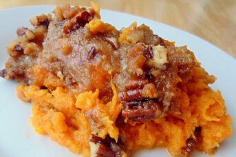 Sweet Potato Casserole Dessert | Allrecipes Sweet Potato Side Dish, Sweet Potato Sides, Sweet Potato Souffle, Canning Sweet Potatoes, Sweet Potato Recipes Casserole, Yummy Sweet Potatoes, Potato Sides, Crunchy Pecans, Potato Side Dishes