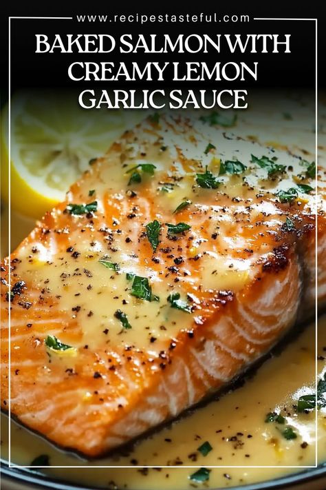 This Baked Salmon with Creamy Lemon Garlic Sauce is a delightful and flavorful dish featuring tender salmon fillets topped with a rich, creamy sauce. Perfect for an elegant dinner or a quick weeknight meal! Sauce For Grilled Salmon, Lemon Sauce For Salmon, Creamy Lemon Garlic Sauce, Broiled Salmon Recipes, Salmon Fillet Recipes, Steam Salmon, Lemon Garlic Sauce, Sauce For Salmon, Broiled Salmon