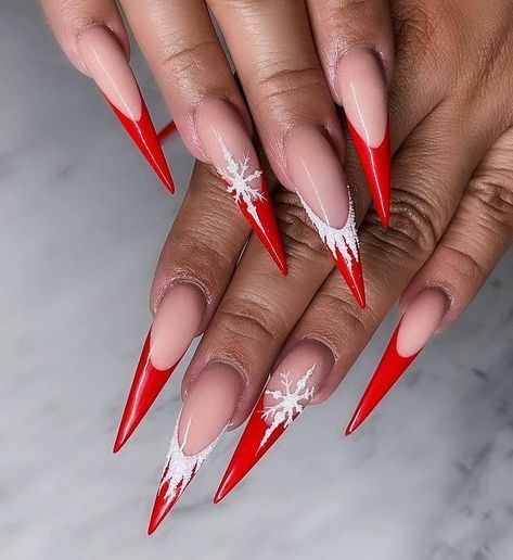 Valentino Beauty Español on Instagram: “#Repost @rachelglamm • • • • • • Denver, Colorado 🧨❄️ . Using @valentinobeautypure gel polish #002 use code glamm10” Holiday Stiletto Nails Christmas, Stilleto Holiday Nails, Christmas Nails 2023 Stiletto, December Nails Stilleto, Christmas Stilleto Nails Simple, Christmas Nails Long Stiletto, Stilleto Christmas Nails Long, Christmas Stiletto Nails Winter, Christmas Stiletto Nails Designs