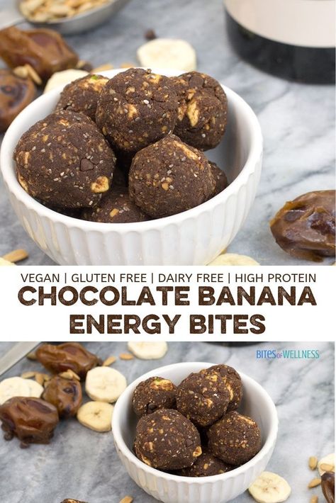 Double chocolate banana energy bites are a healthy, nut free no bake snack! Full of fiber and protein these chocolate energy bites are kid friendly and so easy to make! These vegan, gluten free, dairy free energy bites are made with dates, sunflower seeds, chia seeds, cacao powder, protein powder and freeze dried bananas! Chocolate Banana Protein Balls, Banana Energy Bites, Chocolate Energy Bites, Banana Energy, Protein Energy Bites, Clean Eating Vegan, No Bake Energy Bites, Energy Ball Recipe, Banana Protein