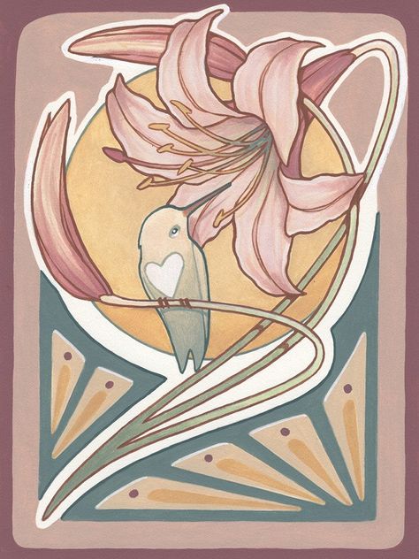 Art Nouveau Tropical, Art Nouveau Lillies, Art Neauveau Wallpaper, Art Nuevo Design, Art Nouveau Hummingbird, Art Neauveau Tattoos, Artnouveau Drawing, Art Neauveau Interior, Art Nouveau Animals