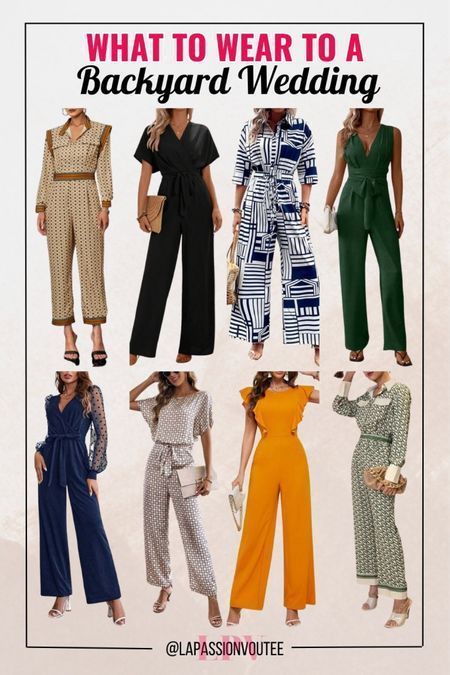 Dressy jumpsuits to wear to a backyard wedding The great outdoors provides a picturesque backdrop for a memorable wedding celebration. If you're wondering what to wear as a guest, these outfit ideas encompass a variety of styles, from casual and comfortable to more dressed-up options. Say yes to fashion confidence, may it be summer, fall, or winter, with our curated backyard wedding outfit ideas. Wedding Guest Pants Outfit Women, What To Wear To A Spring Wedding, Casual Wedding Outfit Guest Pants, Shoes With Jumpsuit Outfit, Backyard Wedding Guest Dress, Backyard Wedding Outfit, Wedding Pants Outfit, Wedding Reception Guest Outfits, Casual Wedding Outfit Guest