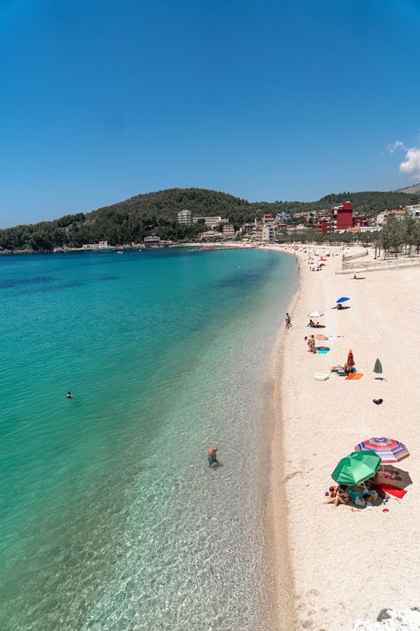 View of the beach in Himare, Albania #beach #albania #europeplaces Himare Albania, Beach Albania, Gap Year Travel, Travelling Ideas, Albania Travel, Summer Travel Destinations, 2023 Travel, Family Vacation Spots, Eastern Europe Travel