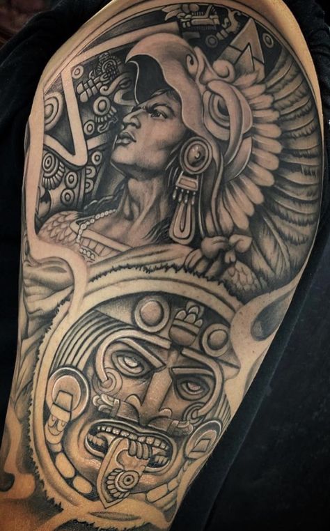 Quetzal Tattoo Guatemalan, Mexican Tattoo Ideas For Men Aztec, Aztec Sun Tattoo, Cesar Tattoo, Aztec Tattoo Mexican, Mexican Heroes, Tattoos With Deep Meaning, Aztec Warrior Tattoo, Aztec Tattoos Sleeve